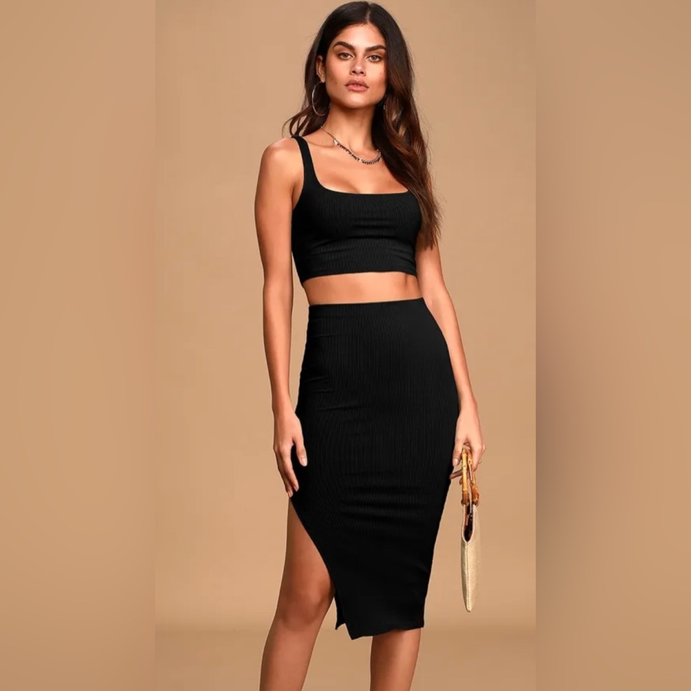NWT. Lulus Set for Life Black Ribbed Bodycon Two Piece.